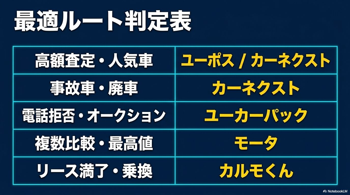 高額査定・人気車はユーポスやカーネクスト、事故車・廃車はカーネクスト、電話拒否・オークションはユーカーパック、複数比較・最高値はモータ、リース満了・乗換はカルモくんという最適ルート判定表 。