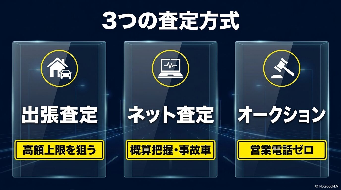 高額上限を狙う出張査定、概算把握や事故車向けのネット査定、営業電話ゼロのオークションという3つの査定方式をまとめたスライド 。