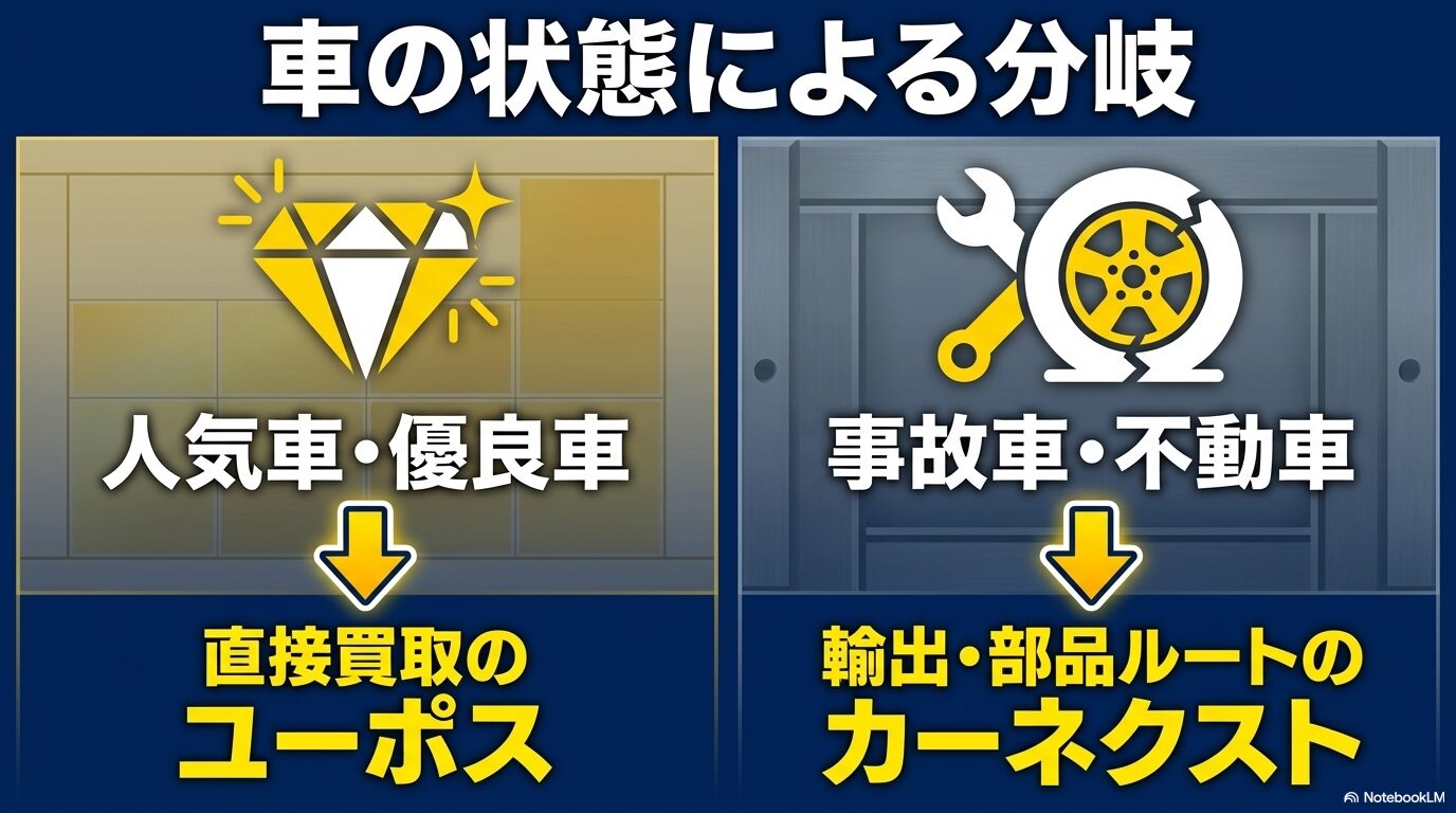 人気車・優良車は直接買取のユーポスへ、事故車・不動車は輸出・部品ルートを持つカーネクストへという車の状態による分岐を示した図解スライド 。
