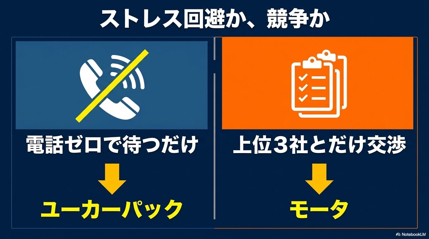 電話ゼロで待つだけのユーカーパック（ストレス回避）と、上位3社とだけ交渉するモータ（競争）の査定スタイルを比較したスライド 。