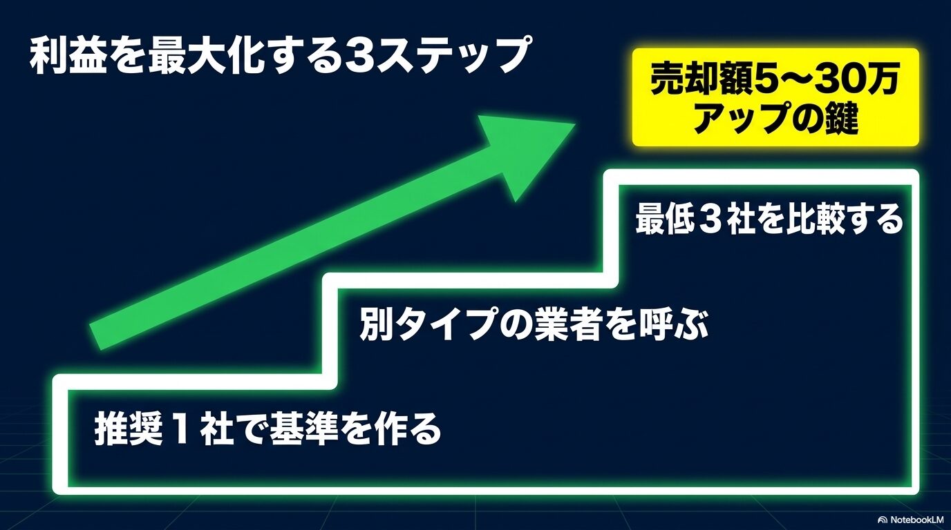 推奨1社で基準を作る、別タイプの業者を呼ぶ、最低3社を比較するという、売却額を5〜30万円アップさせるための3ステップを図解したスライド
