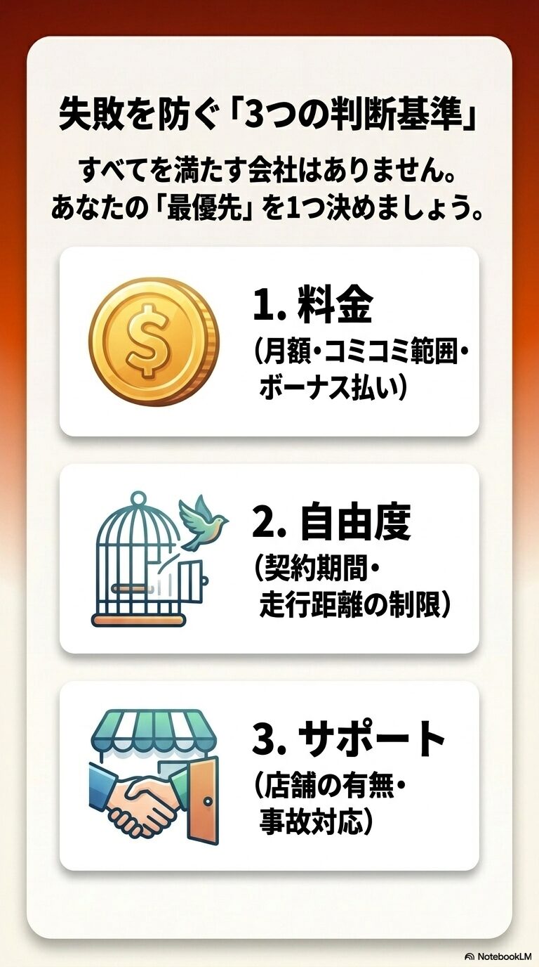 コイン、鳥かご、握手のイラスト。「失敗を防ぐ「3つの判断基準」すべてを満たす会社はありません。あなたの「最優先」を1つ決めましょう。」。「1. 料金(月額・コミコミ範囲・ボーナス払い)」、「2. 自由度(契約期間・走行距離の制限)」、「3. サポート(店舗の有無・事故対応)」というテキスト。