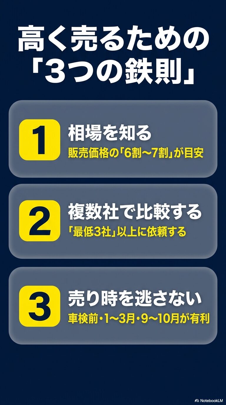 高く売るための「3つの鉄則」 として、相場を知る 、複数社で比較する 、売り時を逃さない ことをまとめたスライド