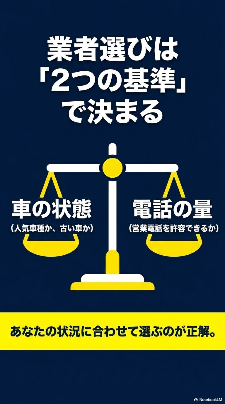 業者選びは「2つの基準」で決まる とし、車の状態 と電話の量 に合わせて選ぶ方法の解説