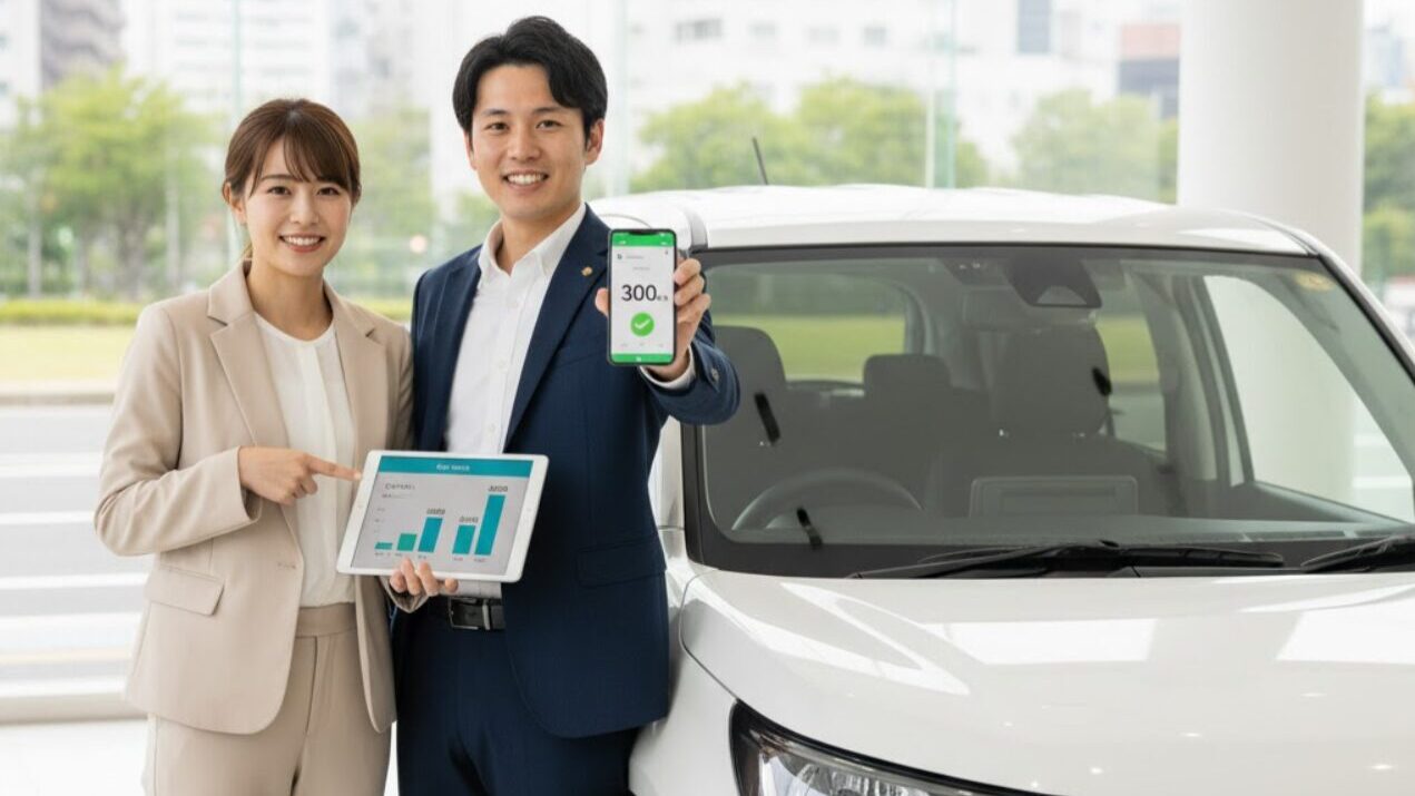 最新のカーリースサービス「エンキロ」のスマートな契約プロセスを説明する日本人ビジネスパーソン2名。一人がタブレットでグラフを見せ、もう一人がスマートフォンで走行距離を示すアプリ画面を表示している。背景にはクリーンでモダンな自動車ディーラーのショールームがあり、新車が展示されている。
