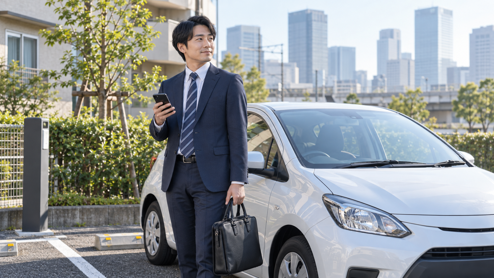 住宅街の駐車場で車の横に立ち、スマートフォンと仕事の鞄を持つ通勤者