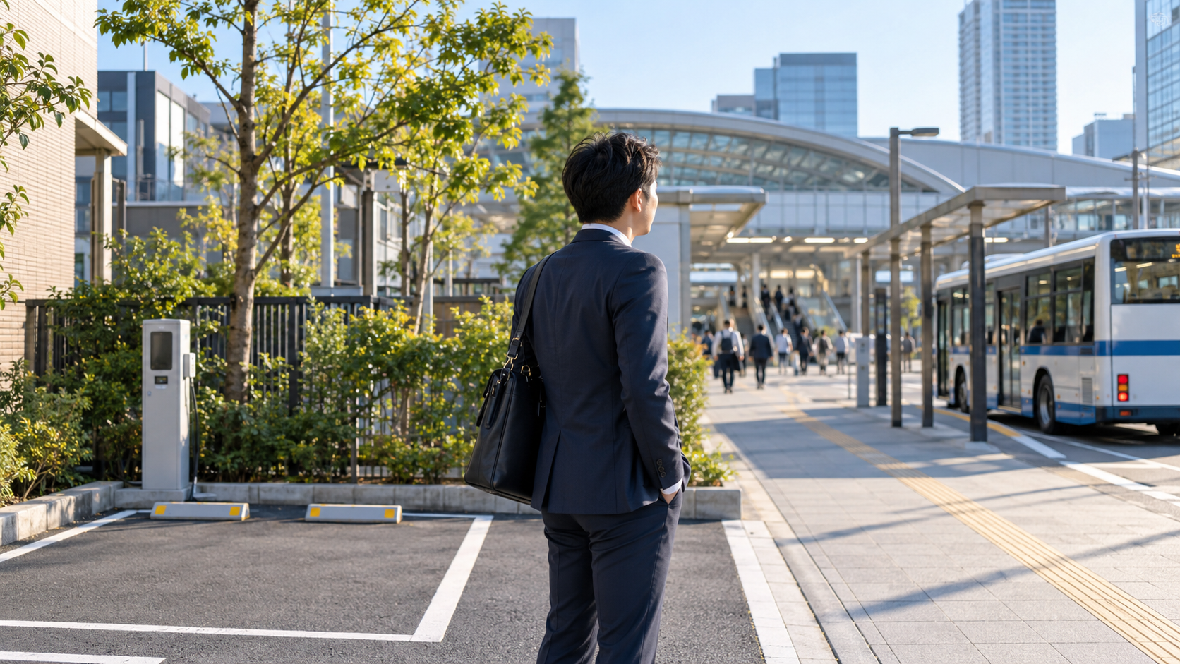 朝の空いた駐車枠の横で、駅とバス停を見ている通勤者