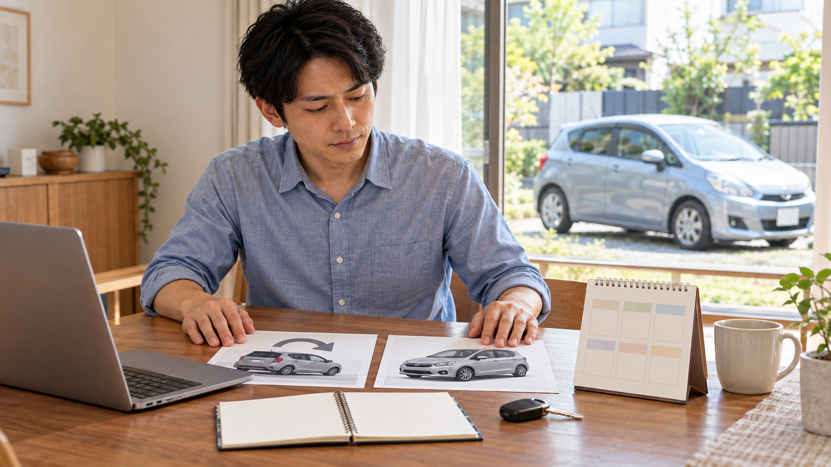 両手を机に置き、車の資料とカレンダーで半年間の通勤計画を検討する人のイメージ